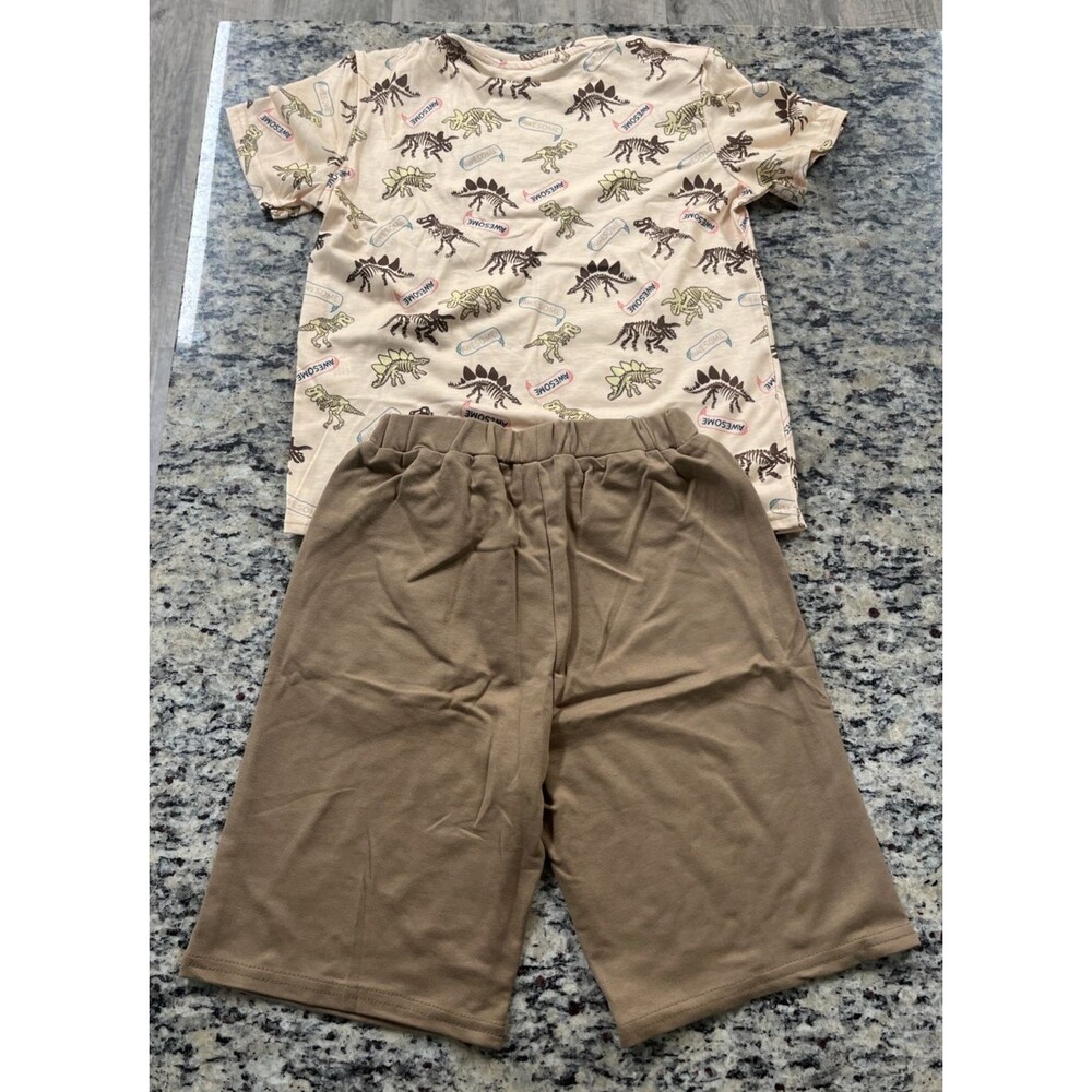 NEW Boys Shein Dinosaur Brown Two Piece Short Sleeve Lounge Set Size 9y